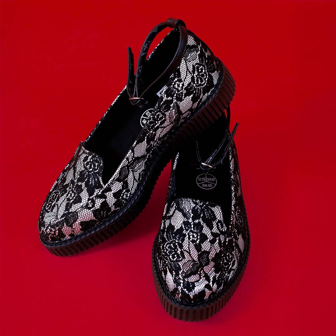 TUK Shoes Ballet Creeper Ankle Strap Black/White Lace