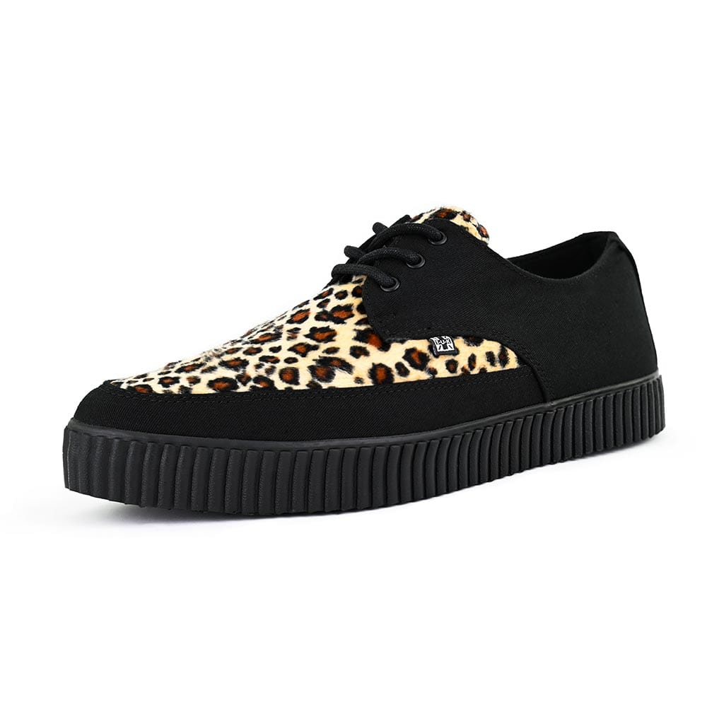 TUK Shoes Pointed Creeper Sneaker Black Canvas & Leopard Faux Fur