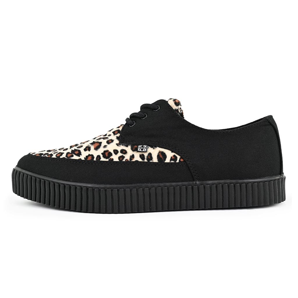 TUK Shoes Pointed Creeper Sneaker Black Canvas & Leopard Faux Fur