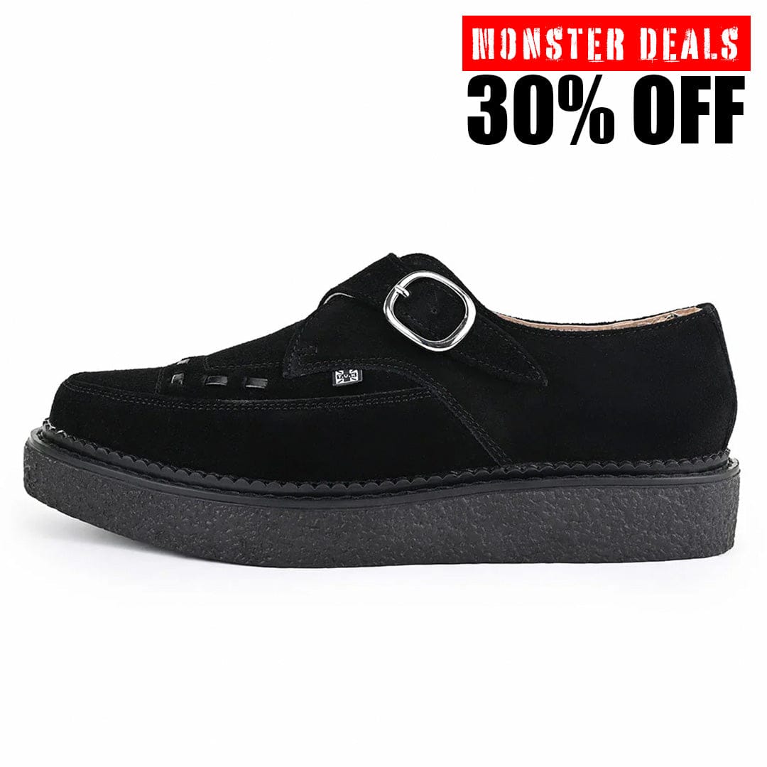 TUK Shoes 1970 Original Pointed Creeper Black Suede & Monk Buckle