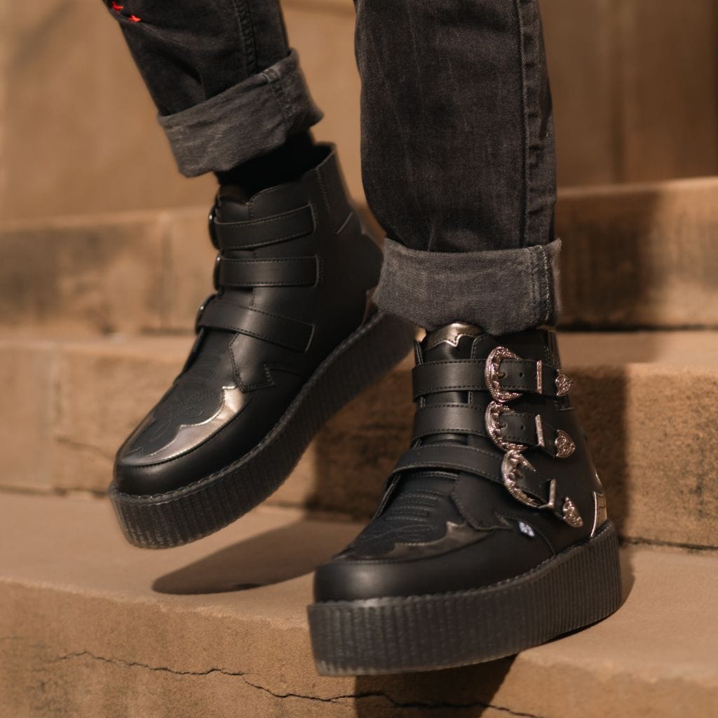 TUK Shoes Viva High Creeper 3-Buckle Western Boot Black/Silver