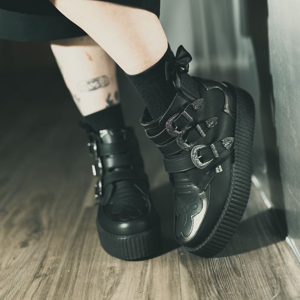TUK Shoes Viva High Creeper 3-Buckle Western Boot Black/Silver