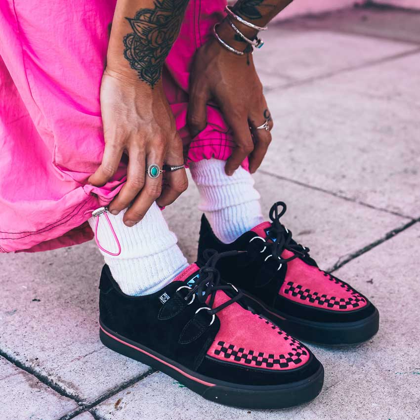 TUK Shoes Creeper Sneaker Neon Pink & Black Suede