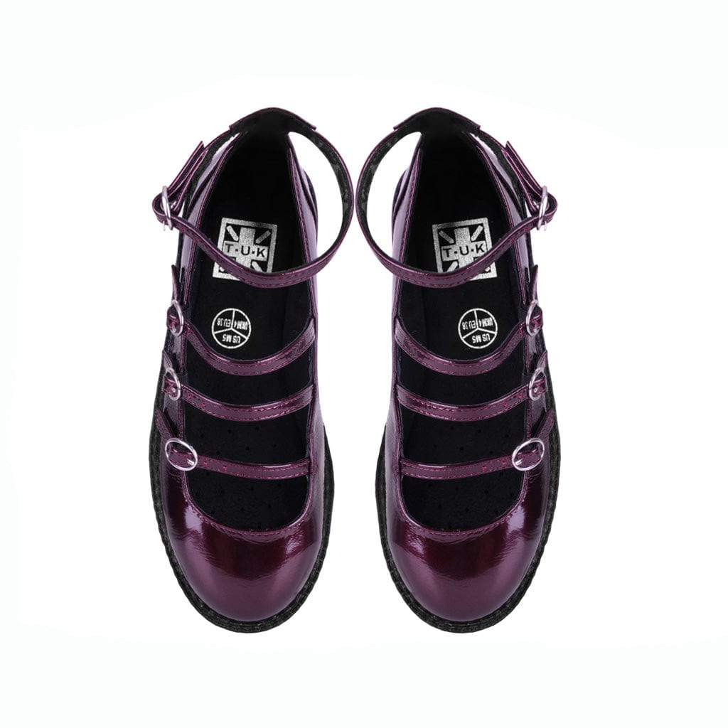 TUK Shoes 4-Strap Ballet Creeper Vegan Burgundy Crinkle Patent