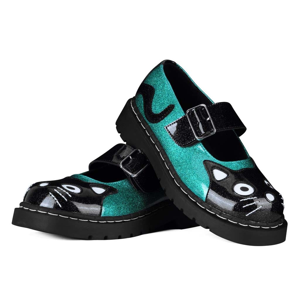 TUK Shoes Mary Jane Kitty Black & Teal Glitter