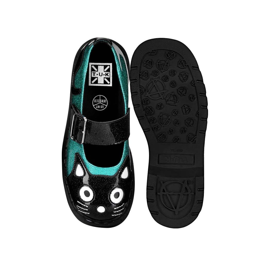 TUK Shoes Mary Jane Kitty Black & Teal Glitter