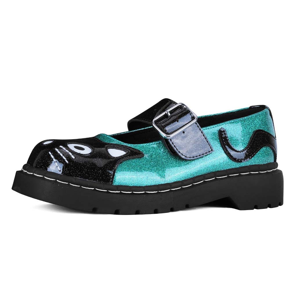 TUK Shoes Mary Jane Kitty Black & Teal Glitter