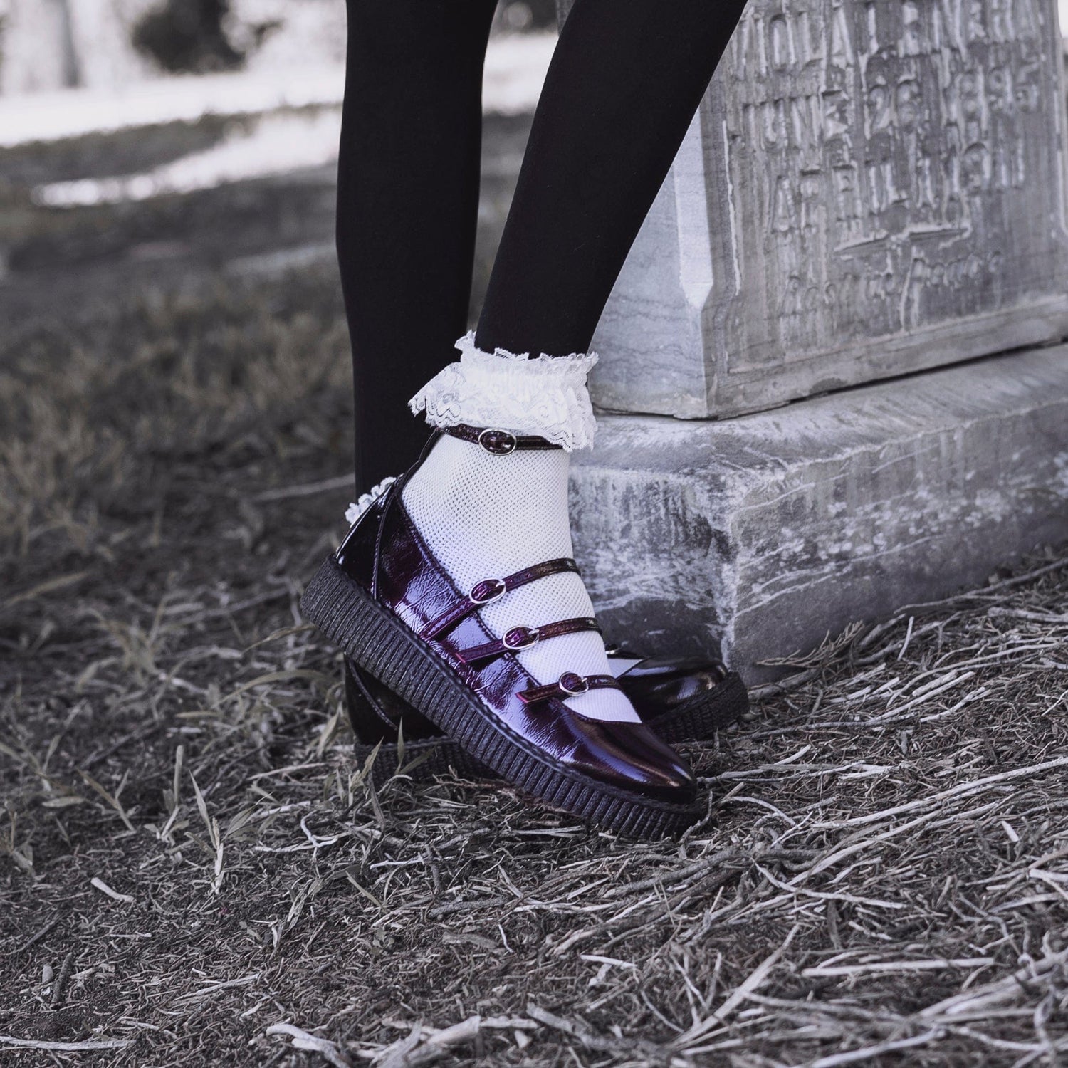 TUK Shoes 4-Strap Ballet Creeper Vegan Burgundy Crinkle Patent