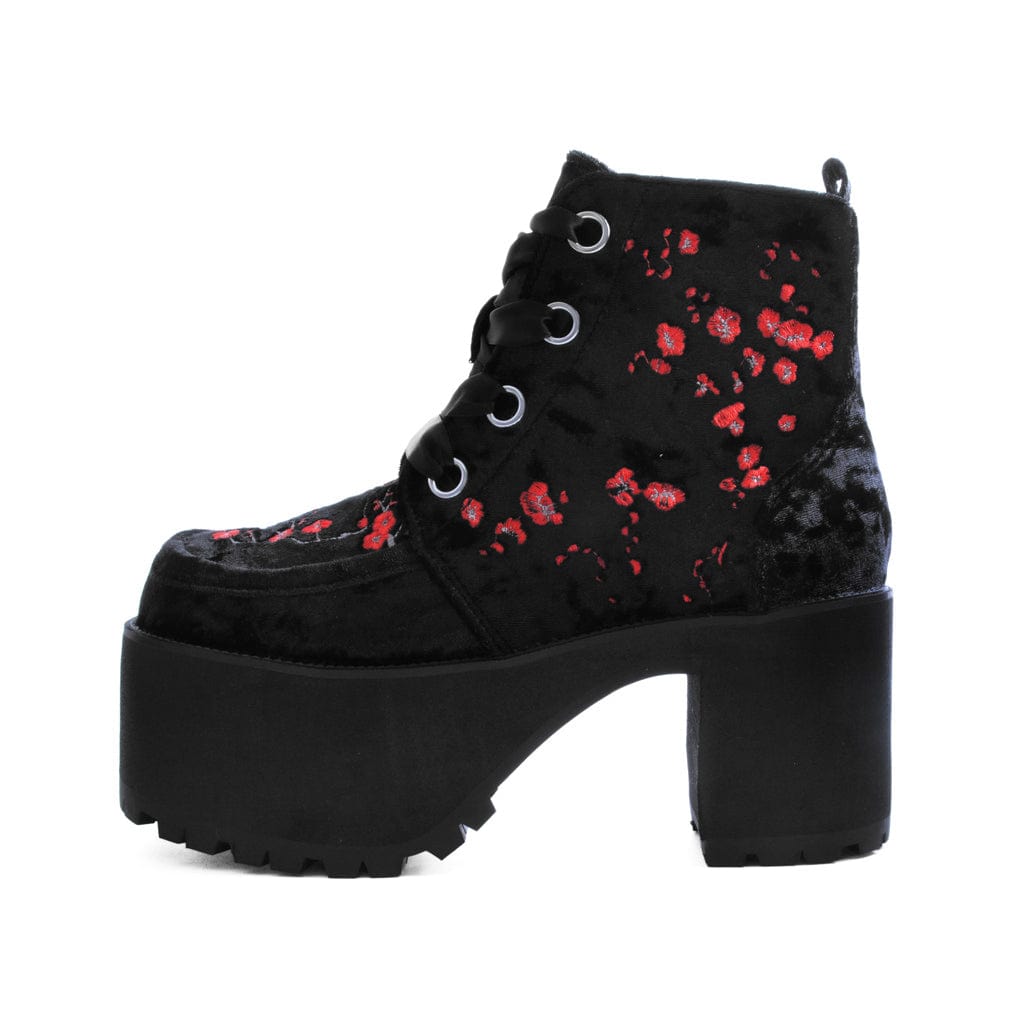 TUK Shoes Nosebleed Boot Black Velvet / Embroidered Red Blossom