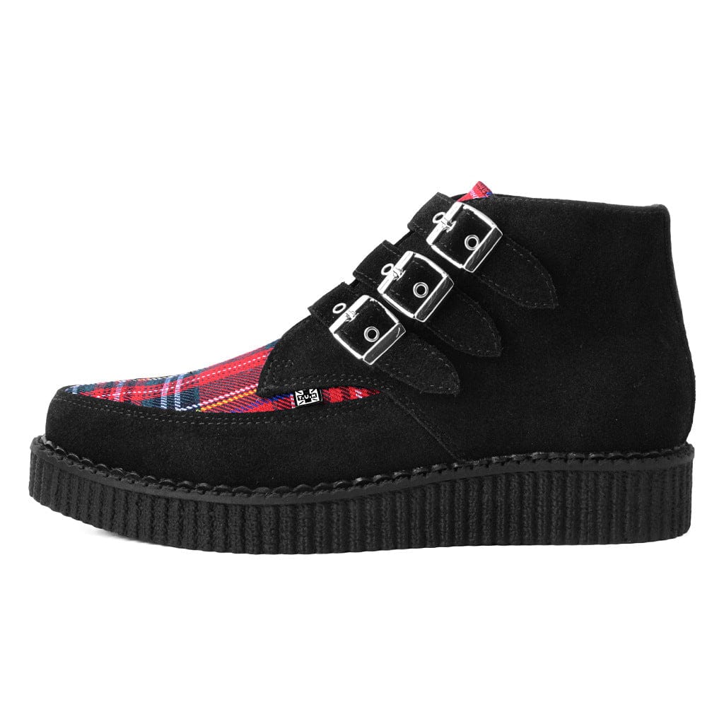 TUK Shoes Pointed Creeper 3-Buckle Boot Black Suede & Tartan