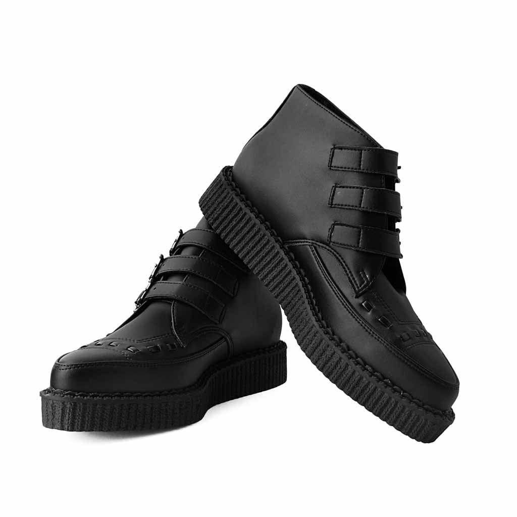 TUK Shoes Pointed Creeper 3-Buckle Boot Skull Black Leather