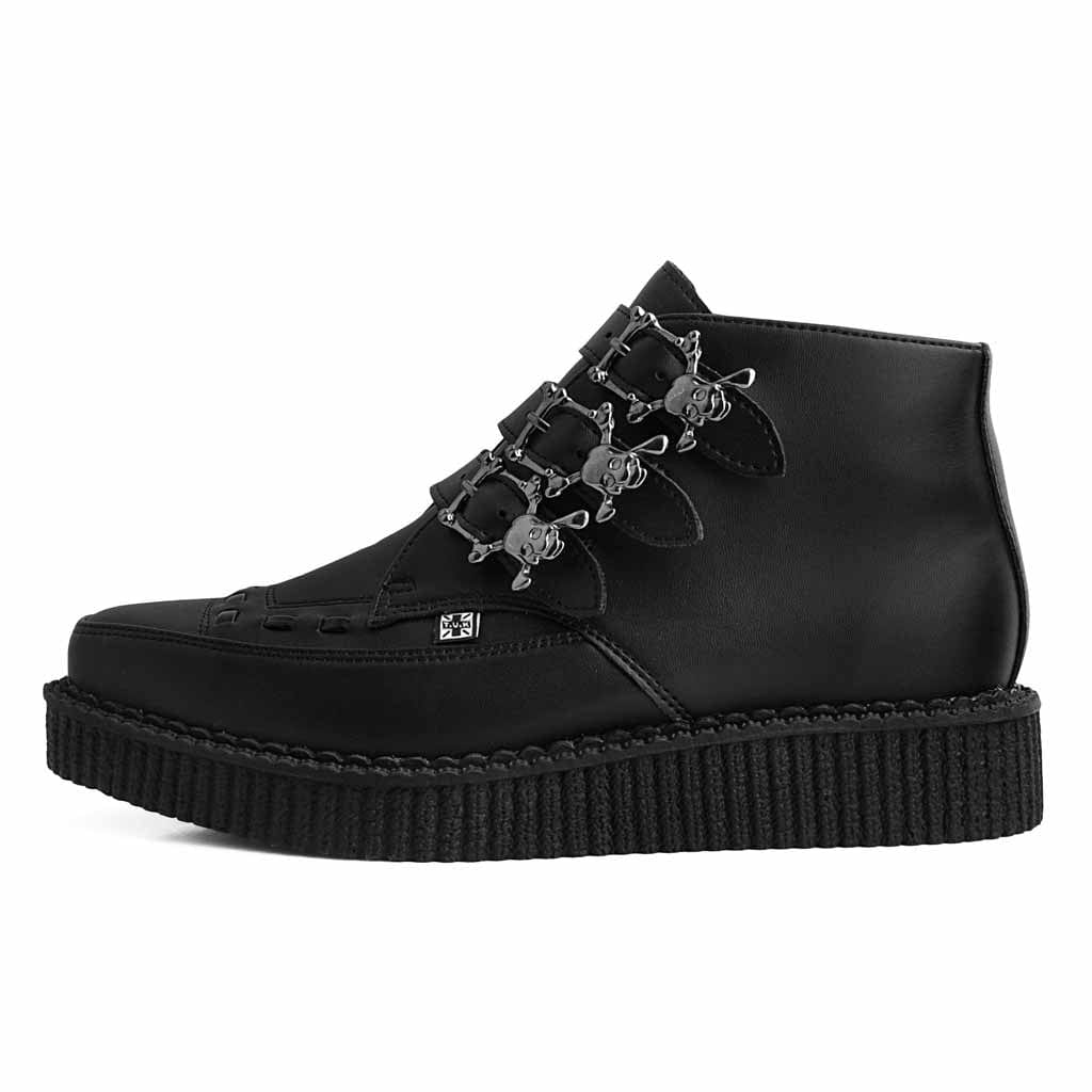 TUK Shoes Pointed Creeper 3-Buckle Boot Skull Black Leather