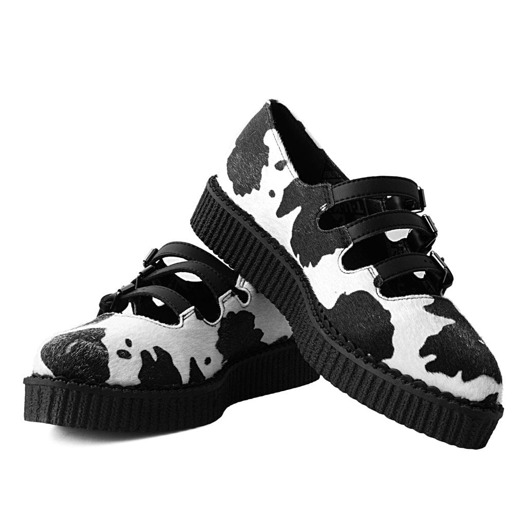 TUK Shoes Ballet Creeper 3-Strap Black & White Cow Print