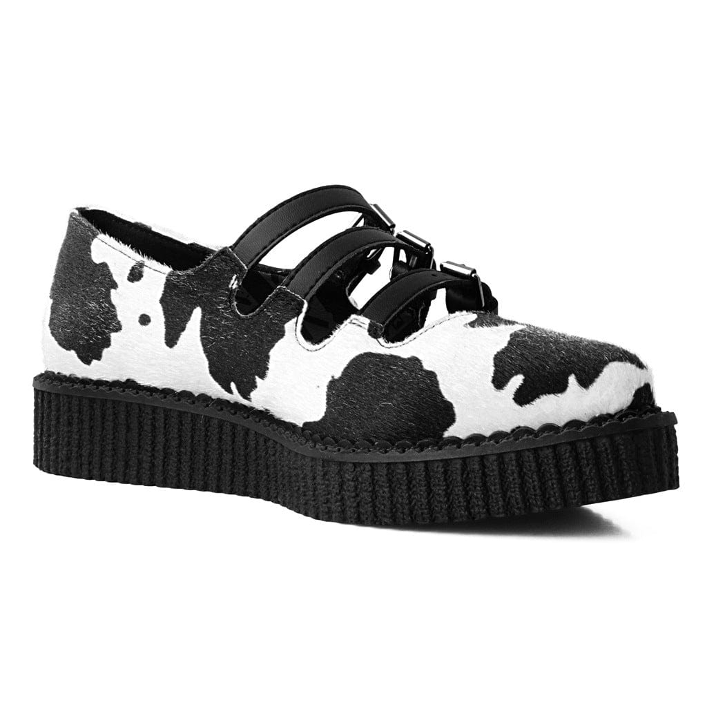 TUK Shoes Ballet Creeper 3-Strap Black & White Cow Print