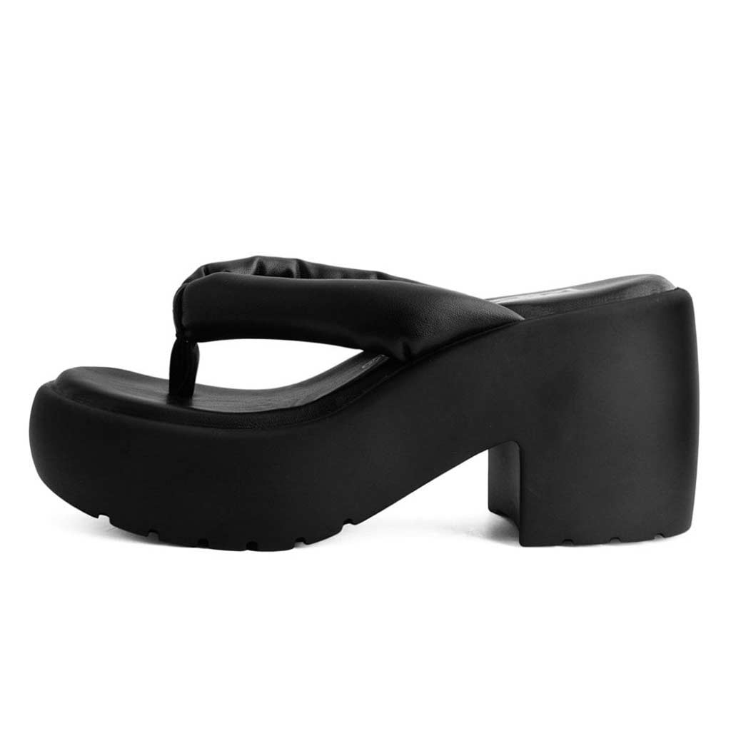Bubble Heel Platform Thongs Black Vegan Leather