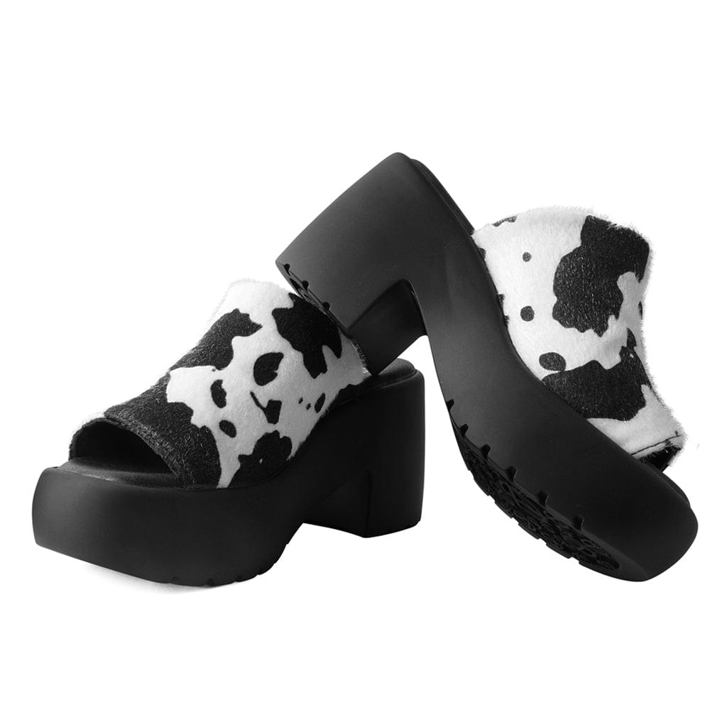 TUK Shoes Bubble Heel Mule Platform Sandal Cow Print Faux Fur