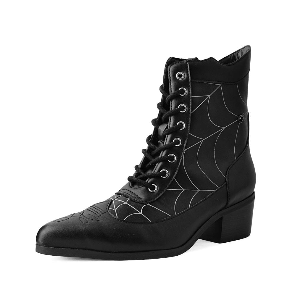 TUK Shoes Anarchic Pointed Cuban Heel Boot Black Web Vegan Leather