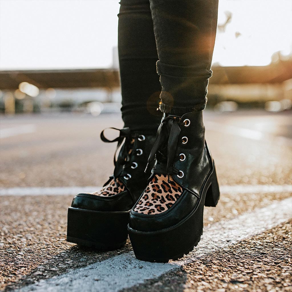 TUK Shoes Nosebleed Boot Black & Leopard Print Faux Leather
